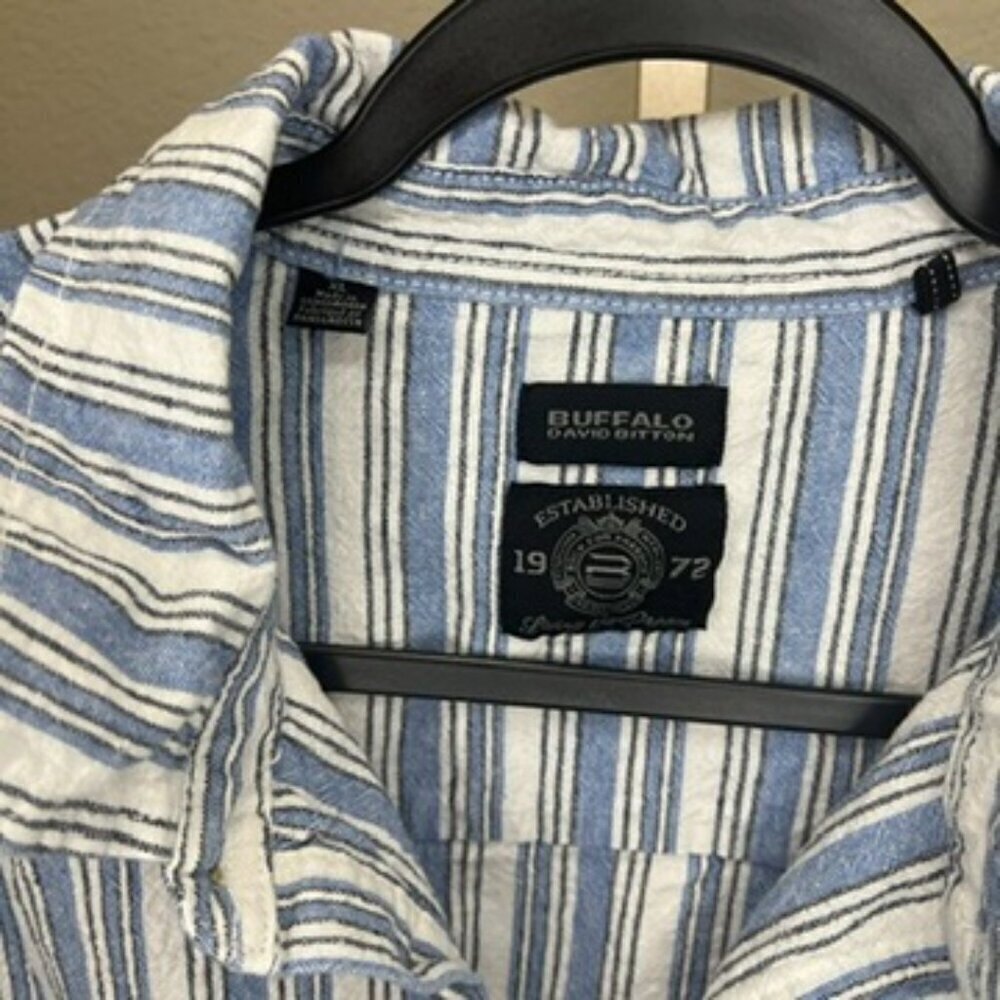 Buffalo David Bitton oversized shirt jacket w/ side pockets Blue/White Linen XL - Picture 3 of 9